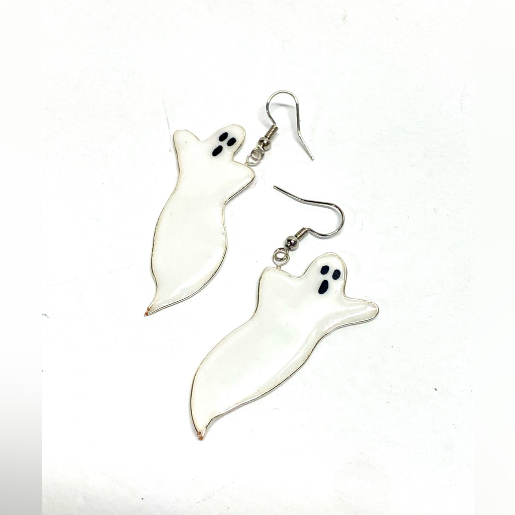 Handmade Resin Art Ghost Dangle Statement Earrings Artisan Halloween Jewelry 30$